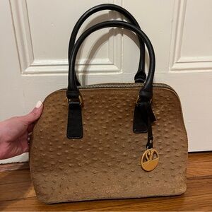 Valentina EUC Tan Ostrich Style Leather Satchel with Black Handles made in Italy